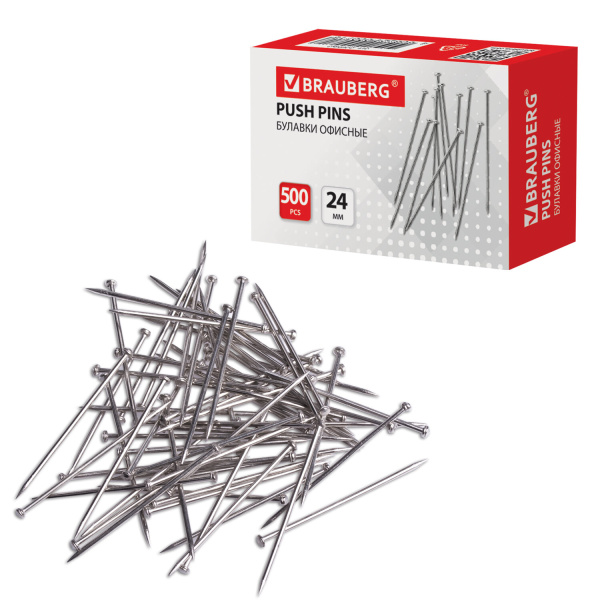 Булавки универсальные BRAUBERG, 24 мм, 500 штук в картонной коробке, 1 коробка, 220562