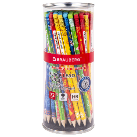 Карандаш чернографитный BRAUBERG "AROUND THE WORLD", 1 шт., HB, с ластиком, корпус ассорти, 181747 - Карандаши чернографитные