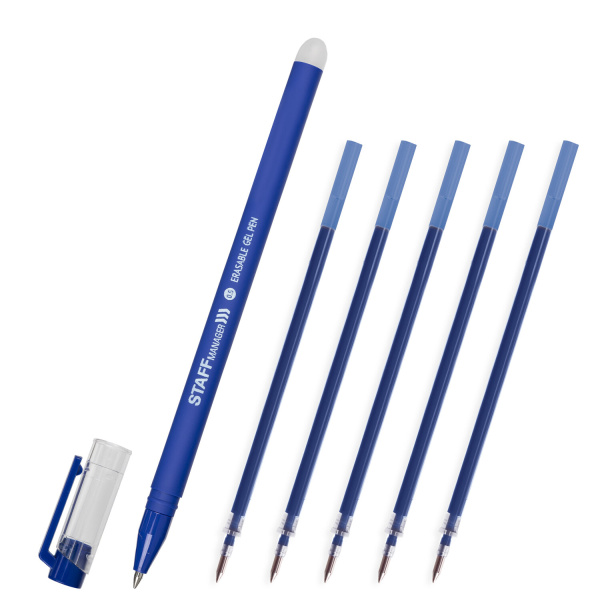 Ручка стираемая гелевая STAFF "Manager" EGP-656, СИНЯЯ, + 5 сменных стержней, линия письма 0,35 мм, 143657 - Ручки со стираемыми чернилами
