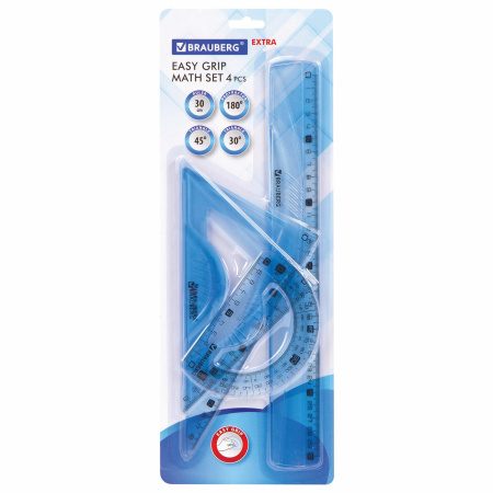 Набор чертежный BRAUBERG "EXTRA" (линейка 30 см, 2 угольника, транспортир), тонированный голубой, 210747 - Наборы чертежные