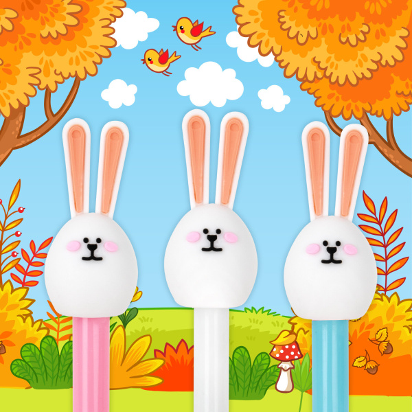 Ручка с топпером шариковая ЮНЛАНДИЯ "Ушастый зайка", корпус ассорти, СИНЯЯ, пишущий узел 0,7 мм, 143782 - Ручки фигурные