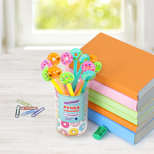 Ручка с топпером шариковая ЮНЛАНДИЯ "Пончик", корпус ассорти, СИНЯЯ, пишущий узел 0,7 мм, 143799 - Ручки фигурные