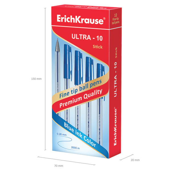 Ручка шариковая масляная ERICH KRAUSE "Ultra-10", СИНЯЯ, корпус прозрачный, узел 0,7 мм, линия письма 0,26 мм, 13873 - Ручки шариковые неавтоматические