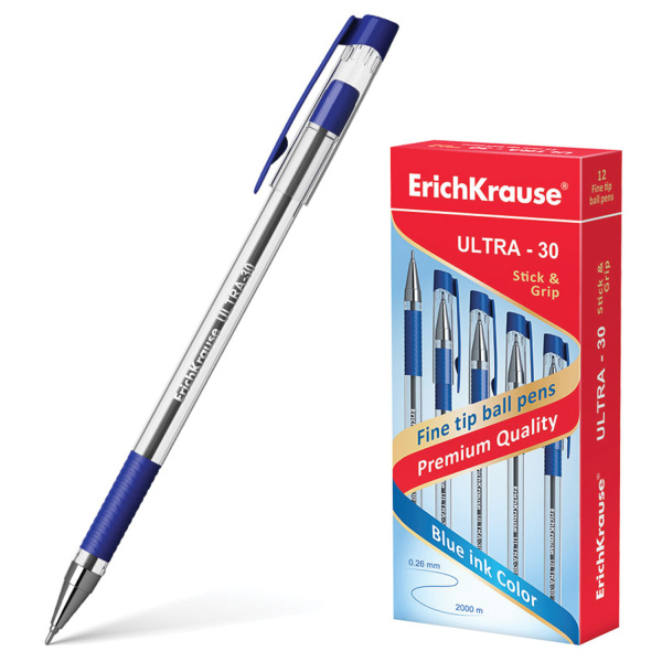 Ручка шариковая масляная с грипом ERICH KRAUSE "Ultra-30", СИНЯЯ, корпус прозрачный, узел 0,7 мм, линия письма 0,26 мм, 19613 - Ручки шариковые неавтоматические