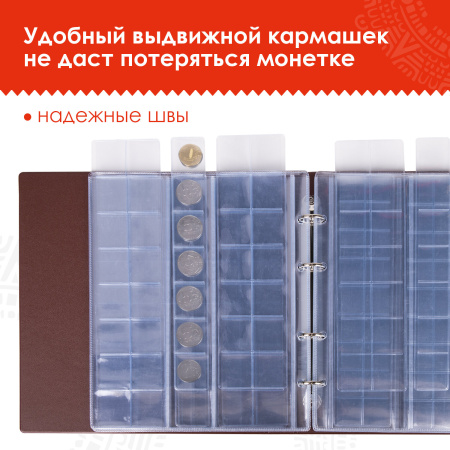 Альбом нумизмата для 380 монет (диаметр до 38 мм) и купюр, 253х238 мм, коричневый, ОСТРОВ СОКРОВИЩ, 237961 - Альбомы для монет и купюр