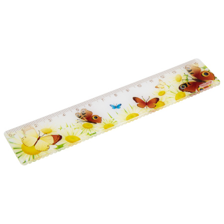 Линейка пластиковая 15 см, ПИФАГОР "Бабочки", цветная печать, с волнистым краем, европодвес, 210635 - Линейки