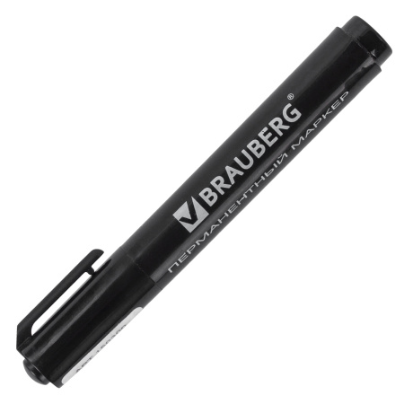 Маркер перманентный BRAUBERG "Classic", ЧЕРНЫЙ, круглый наконечник, 3 мм, с клипом, 150300 - Маркеры перманентные
