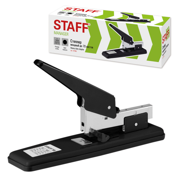 Степлер МОЩНЫЙ №24/6-23/13 металлический STAFF "Manager", до 70 листов, черный, 227663 - Степлеры мощные