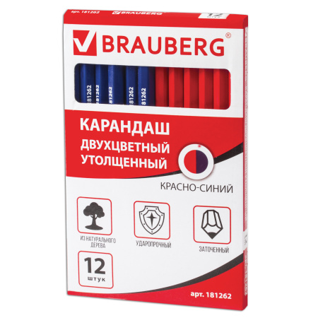 Карандаш двухцветный, красно-синий, утолщённый, BRAUBERG, заточенный, грифель 4,0 мм, 181262 - Карандаши специальные