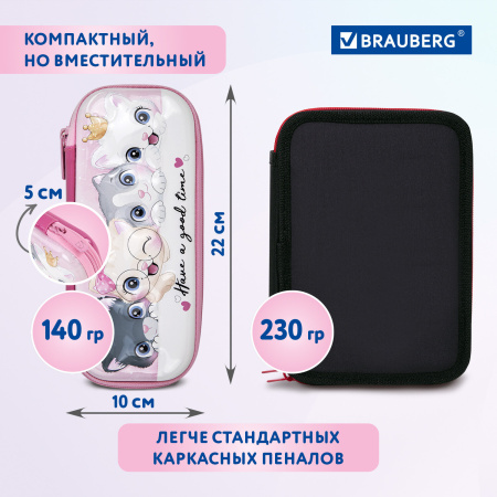 Пенал BRAUBERG, 1 отделение, 1 откидная планка, EVA 3D, 22х10х5 см, "Cats", 270700 - Пеналы каркасные