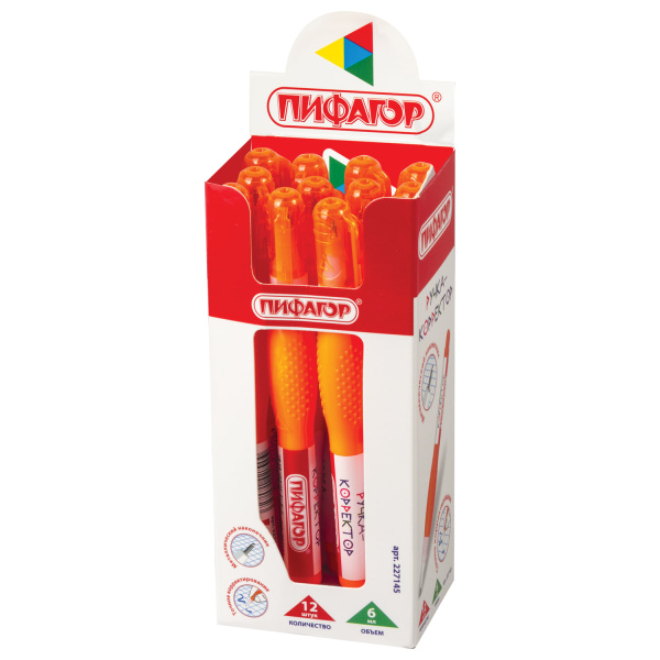 Ручка-корректор ПИФАГОР, 6 мл, металлический наконечник, 227145 - Корректирующие ручки