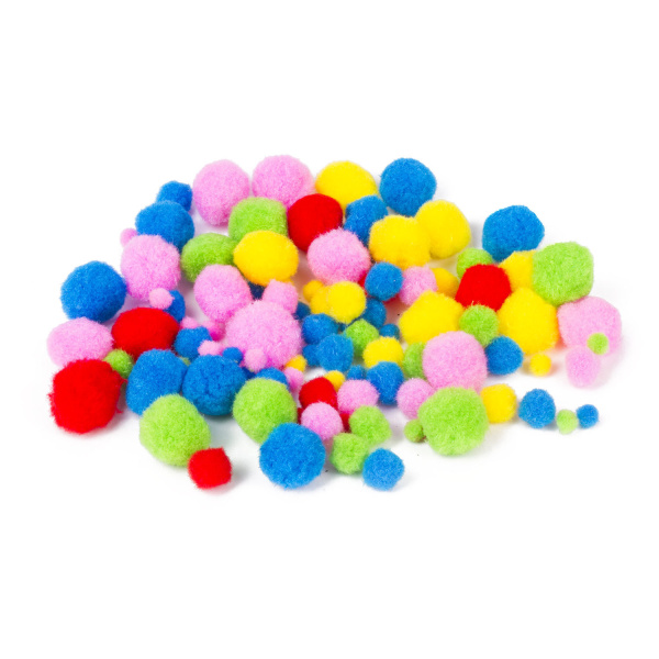 Помпоны для творчества, ассорти, 5 цветов, 8 мм/15 мм/25 мм, 100 шт., ОСТРОВ СОКРОВИЩ, 661436 - Помпоны для творчества