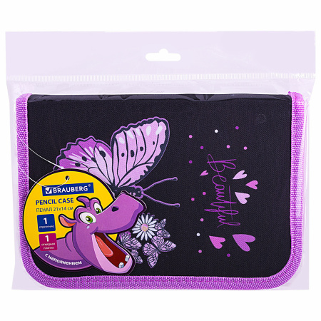 Пенал BRAUBERG с наполнением, 1 отделение, 1 откидная планка, 24 предмета, 21х14 см, "Flower butterfly", 271524 - Пеналы с наполнением