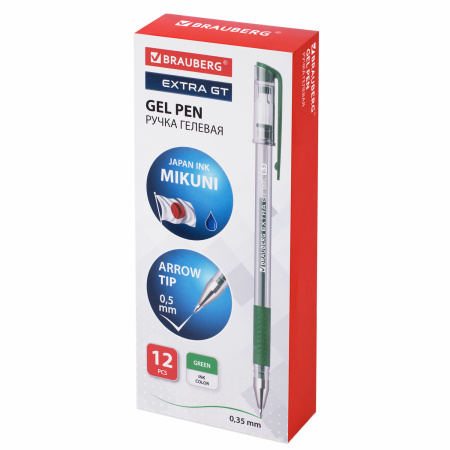 Ручка гелевая с грипом BRAUBERG "EXTRA GT", ЗЕЛЕНАЯ, стандартный узел 0,5 мм, линия 0,35 мм, 143922 - Ручки гелевые неавтоматические