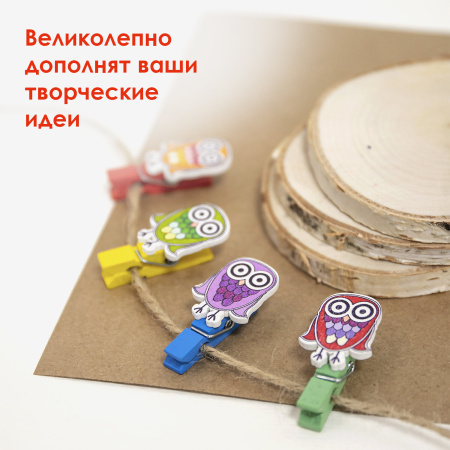 Прищепки декоративные "Совята", 4 штуки, 3,5 см, ассорти, ОСТРОВ СОКРОВИЩ, 661295 - Прищепки для творчества