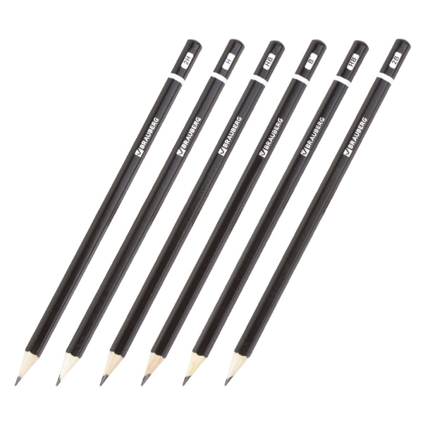 Карандаши чернографитные разной твердости НАБОР 6 штук, 2H-2B, BRAUBERG "Line", 180650 - Карандаши чернографитные
