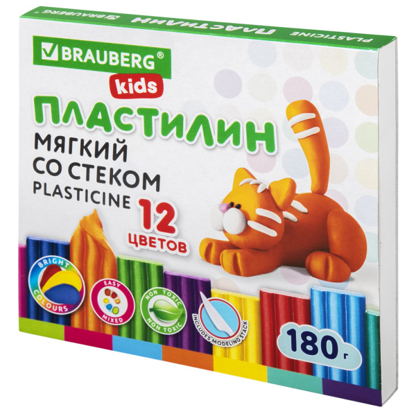 Пластилин мягкий восковой BRAUBERG KIDS, 12 цветов, 180 г, со стеком, 106495 - Пластилин