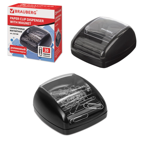 Скрепочница магнитная BRAUBERG с 30 скрепками, роликовый механизм подачи, черная, 225188 - Диспенсеры для скрепок
