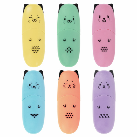 Набор текстовыделителей мини 6 ЦВЕТОВ BRAUBERG KIDS "CUTE CATS PASTEL", линия 1-5 мм, 152436 - Текстовыделители