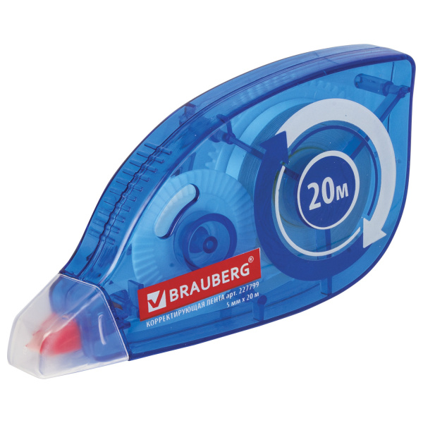Корректирующая лента BRAUBERG 5 мм х 20 м, корпус синий, механизм перемотки, блистер, 227799 - Корректирующие ленты