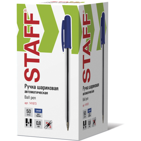 Ручка шариковая автоматическая STAFF "Basic" BPR-243, СИНЯЯ, корпус прозрачный, узел 0,8 мм, линия письма 0,4 мм, 141673 - Ручки шариковые автоматические