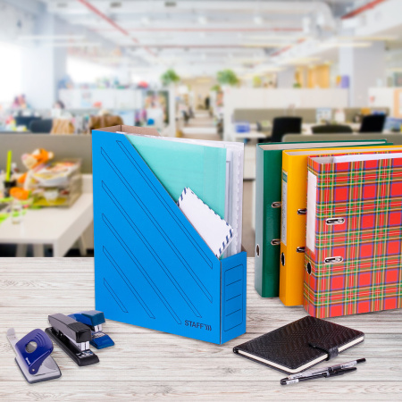 Лоток вертикальный для бумаг (260х320 мм), 75 мм, до 700 листов, микрогофрокартон, STAFF, СИНИЙ, 128882 - Накопители документов