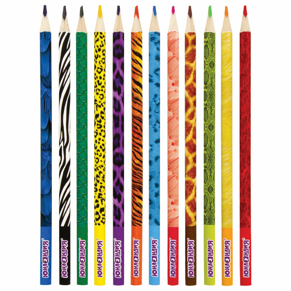 Карандаши цветные мягкие ЮНЛАНДИЯ "САФАРИ", 12 цветов, корпус с печатью, трехгранные, с раскраской, 181580 - Карандаши цветные