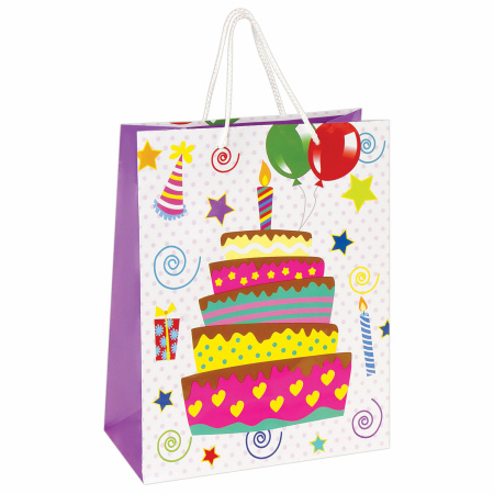 Пакеты подарочные 26x12,7x32,4 см, ЗОЛОТАЯ СКАЗКА "Именинный торт", ламинированные, 10 штук