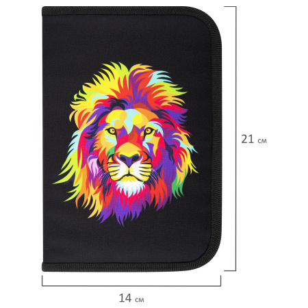 Пенал BRAUBERG с наполнением, 1 отделение, 1 откидная планка, 24 предмета, 21х14 см, "Colorful lion", 270725 - Пеналы с наполнением