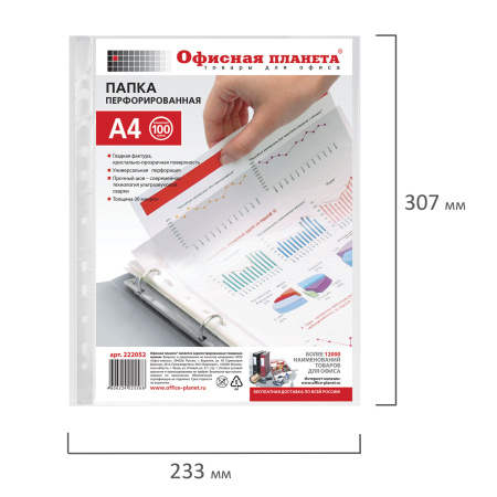 Папки-файлы перфорированные, А4, ОФИСНАЯ ПЛАНЕТА, комплект 100 шт., гладкие, 30 мкм, 222052 - Папки перфорированные