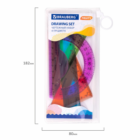 Набор чертежный малый BRAUBERG "FRUITY" (линейка 15 см, 2 треугольника, транспортир), ассорти, пенал, 210770 - Наборы чертежные