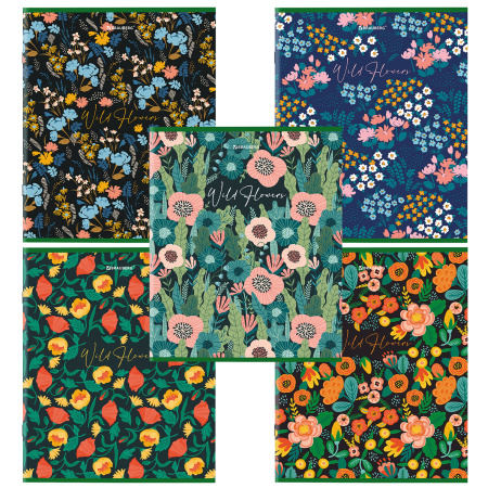 Тетрадь А5, 96 л., BRAUBERG, скоба, клетка, глянцевая ламинация, "Wild Flowers", 404429 - Тетради более 60 листов