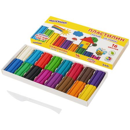 Пластилин мягкий ЮНЛАНДИЯ "ВЕСЕЛЫЙ ШМЕЛЬ", 16 цветов, 240 г, СО СТЕКОМ, 106673 - Пластилин