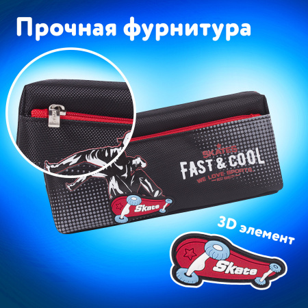 Пенал ЮНЛАНДИЯ, 2 отделения, полиэстер, "Skate", черный, 21х6х9 см, 270276 - Пеналы мягкие