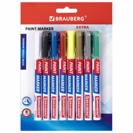 Маркер-краска лаковый EXTRA (paint marker) 1 мм, НАБОР 8 цветов, УСИЛЕННАЯ НИТРО-ОСНОВА, BRAUBERG, 151991 - Маркеры-краски лаковые