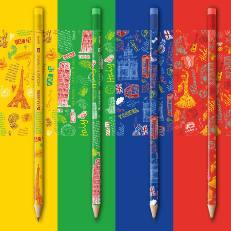 Карандаш чернографитный BRAUBERG "AROUND THE WORLD", 1 шт., HB, с ластиком, корпус ассорти, 181747 - Карандаши чернографитные