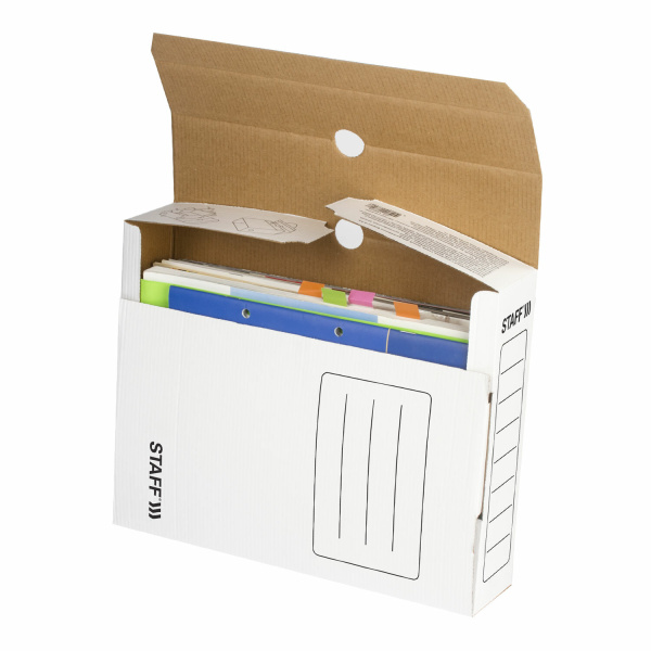 Короб архивный с клапаном А4 (260х325 мм), 75 мм, до 700 листов, микрогофрокартон, БЕЛЫЙ, STAFF, 128858 - Короба архивные