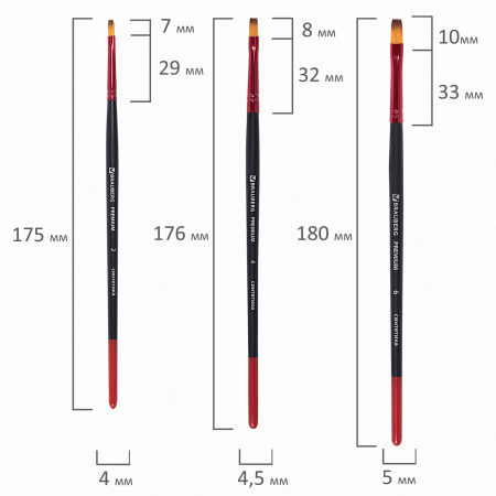 Кисти BRAUBERG PREMIUM, набор 10 шт. (синтетика, круглые № 1, 2, 3, 5, 8, плоские № 2, 4, 6, 8, 10), 201027 - Кисти для рисования