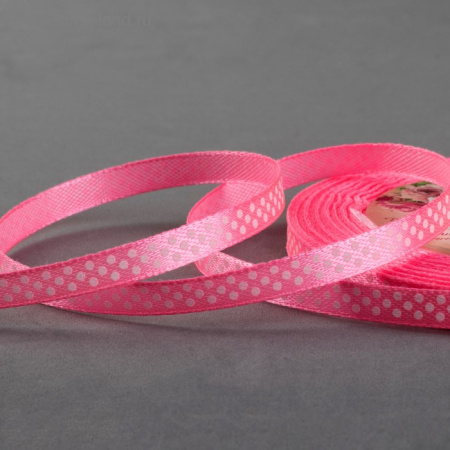 Лента атласная розовая в белый горошек №5, ширина 6 мм