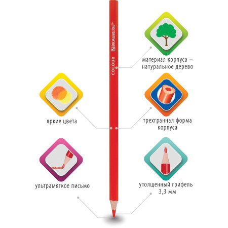 Карандаши цветные BRAUBERG PREMIUM, 6 цветов, трехгранные, грифель мягкий 3,3 мм, 181650 - Карандаши цветные