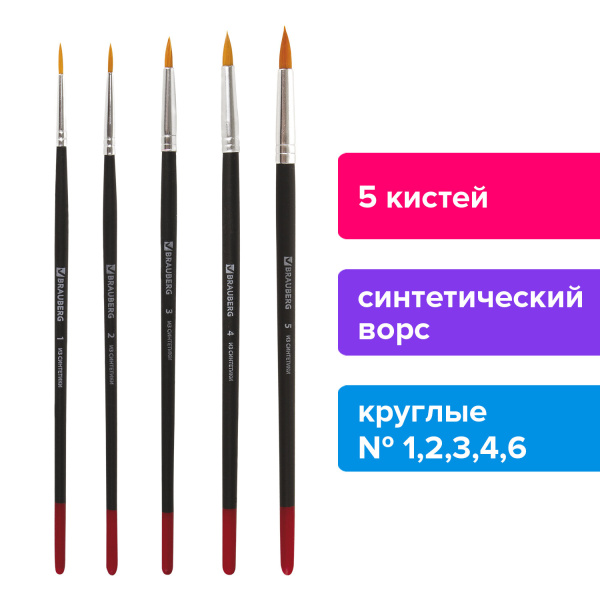 Кисти BRAUBERG, набор 5 шт. (синтетика, круглые № 1, 2, 3, 4, 5), блистер, 200218 - Кисти для рисования