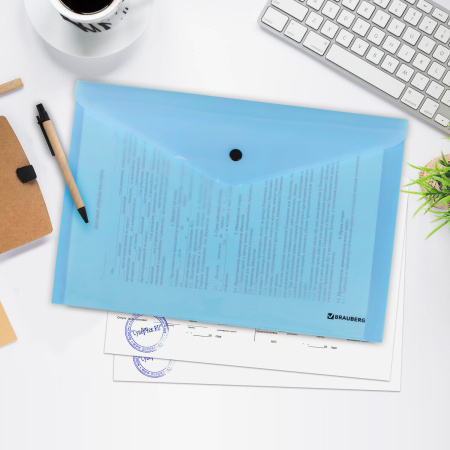 Папка-конверт с кнопкой BRAUBERG "Pastel", А4, до 100 листов, непрозрачная, аквамарин, 0,18 мм, 270474 - Папки-конверты с кнопкой