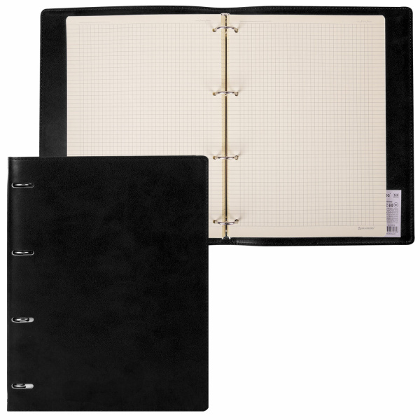 Тетрадь на кольцах БОЛЬШАЯ А4 (240х310 мм), 120 листов, под кожу, клетка, BRAUBERG "Main", черный, 404509 - Тетради на кольцах и сменные блоки к ним