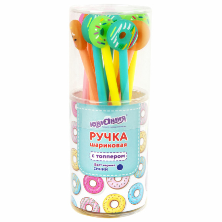Ручка с топпером шариковая ЮНЛАНДИЯ "Пончик", корпус ассорти, СИНЯЯ, пишущий узел 0,7 мм, 143799 - Ручки фигурные