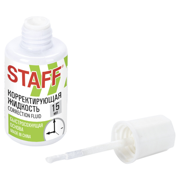 Корректирующая жидкость STAFF "Basic", быстросохнущая, 15 мл, с кисточкой, 226055 - Корректирующие жидкости