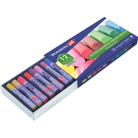 Пастель масляная художественная BRAUBERG ART CLASSIC, УТОЛЩЕННАЯ, 12 цветов, круглое сечение, 181450 - Пастель художественная в наборах