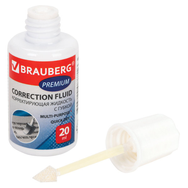 Корректирующая жидкость BRAUBERG "Premium", быстросохнущая, 20 мл, ЯРКО-БЕЛАЯ, с губкой, 224090 - Корректирующие жидкости