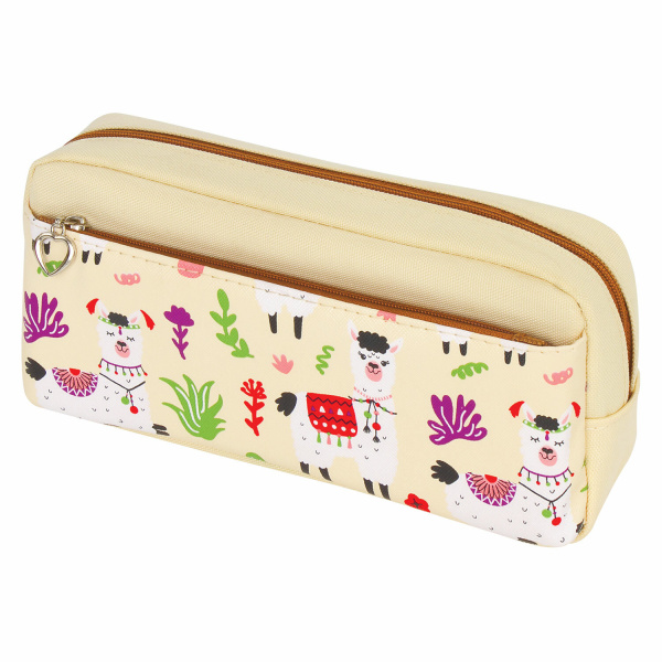 Пенал-косметичка ЮНЛАНДИЯ, 2 отделения, мягкий, "Ламы", бежевый, 20х6х9 см, 228981 - Пеналы мягкие