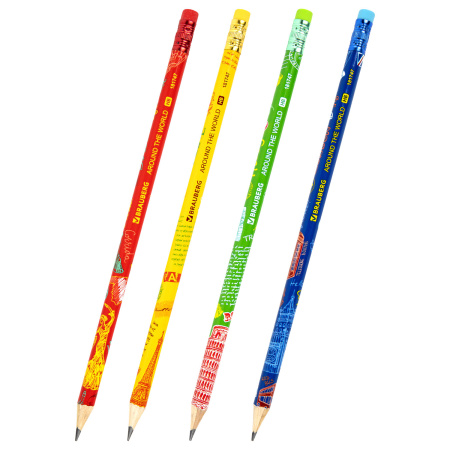 Карандаш чернографитный BRAUBERG "AROUND THE WORLD", 1 шт., HB, с ластиком, корпус ассорти, 181747 - Карандаши чернографитные