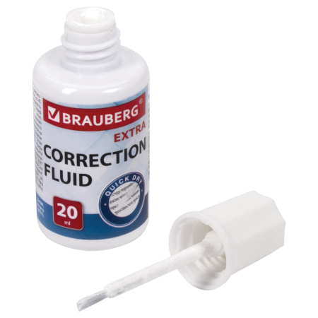 Корректирующая жидкость BRAUBERG EXTRA быстросохнущая, 20 мл, с кисточкой, 229397 - Корректирующие жидкости